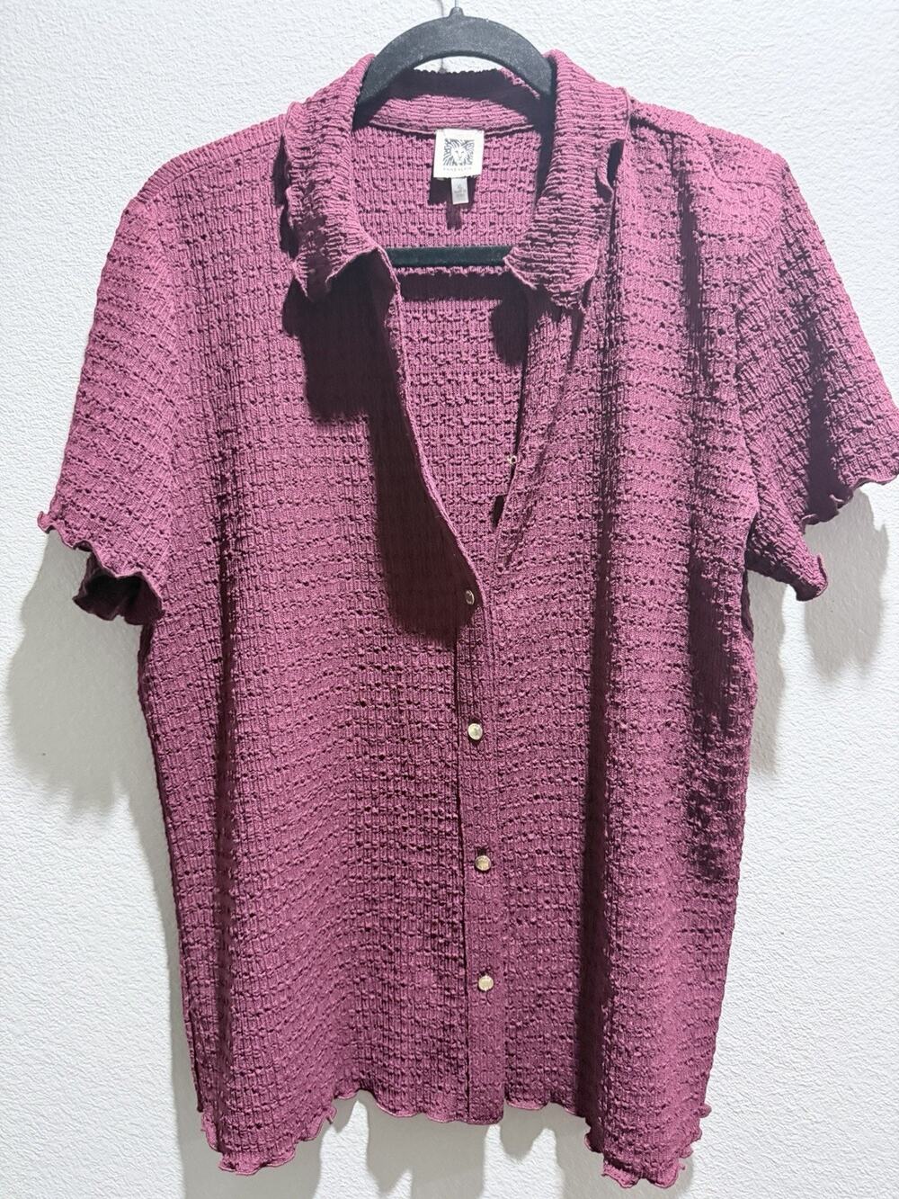 Anne Klein Crinkle Knit Texture Y2K button Up Lettuce Trim Shirt Plum Ex Large